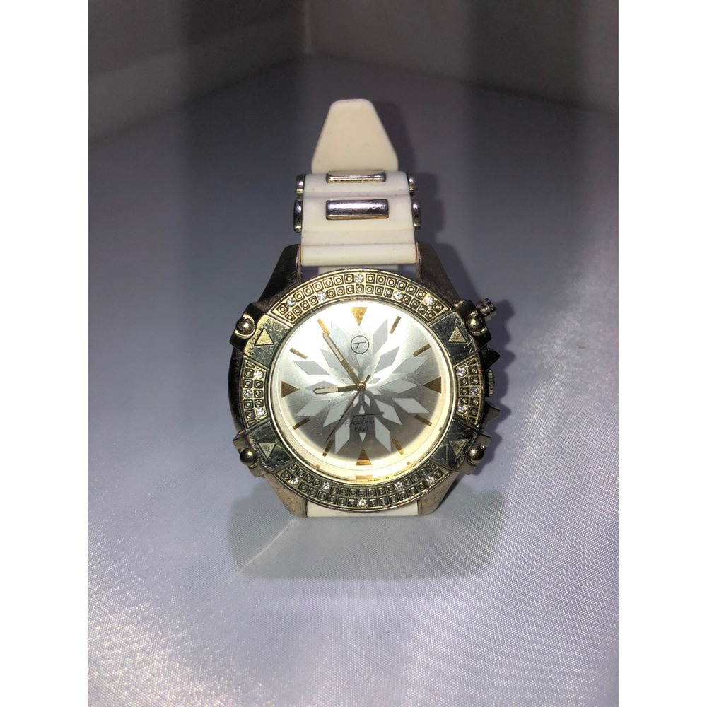 Techno Pave Gold Tone Crystal Bezel White Silicone Strap Watch 8128-7L